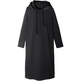 布景卫衣连衣裙女春季新品简约休闲连帽宽松中长款裙子6907