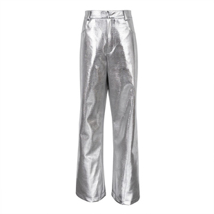 INS欧美风2026新品秋冬银色PU皮裤时尚鳞纹高腰长直筒女裤Pants