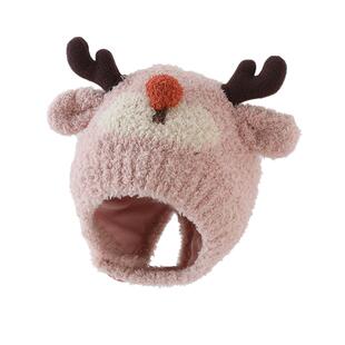 婴儿帽子冬季女孩超萌麋鹿造型针织毛绒帽男童宝宝加厚保暖护耳帽