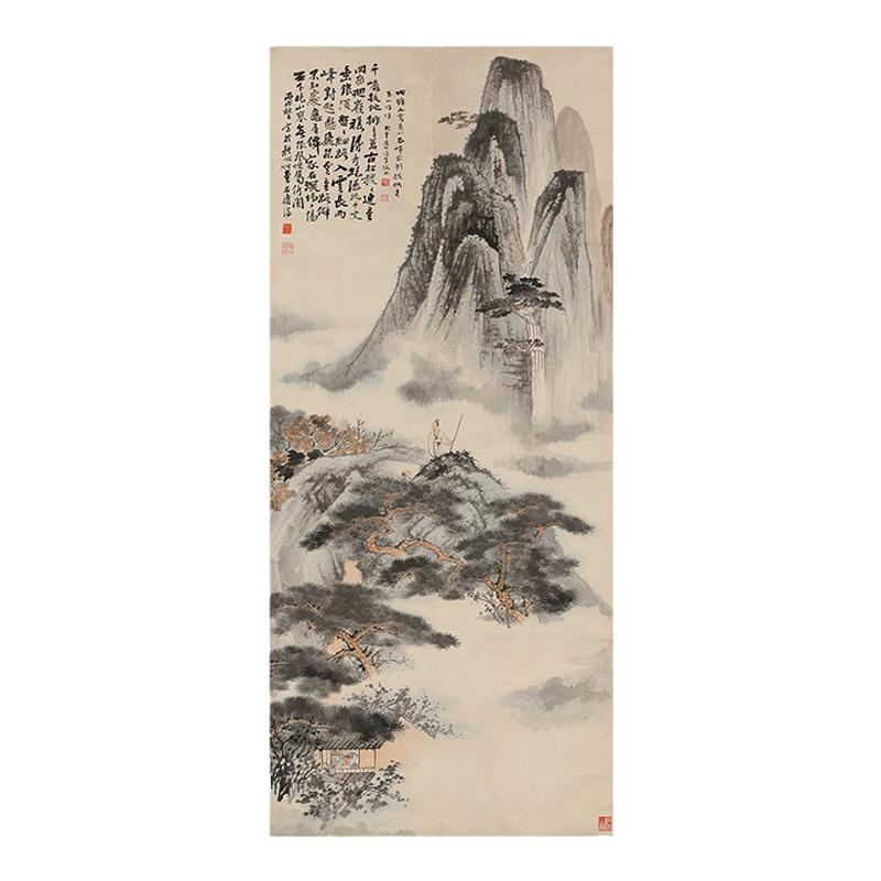 国画临摹张大千石涛山水图中堂