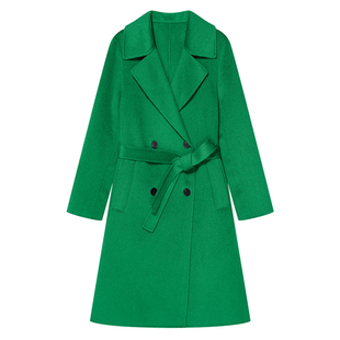 Goodland美地深绿色100羊毛大衣外套女中长款双排扣LC34580180