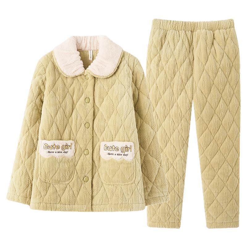 芬腾三层夹棉睡衣女冬2025年新款高级感家居服珊瑚绒加绒加厚套装