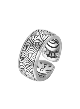 925银戒指 中国风手工做旧复古回纹祥云开口纯银戒指男女个性指环