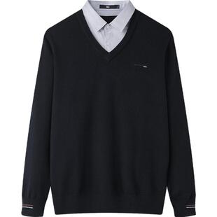 HLA/海澜之家商务双领针织衫25秋冬新款V领衬衫款假两件打底衫男