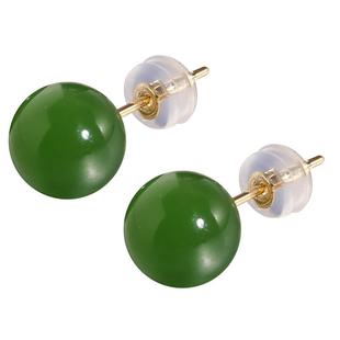 若华珠宝碧海 菠菜绿和田玉碧玉耳钉女18K金简约耳环玉石耳饰定制