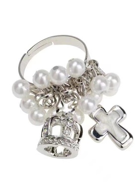 女镀银甜酷珍珠皇冠十字架戒指