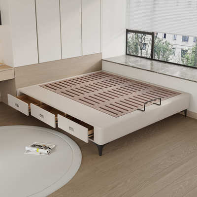 榉木排骨架床无床头小户型无靠背实木带抽屉榻榻米儿童储物皮艺床