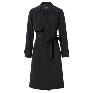 【桑蚕丝】La Koradior拉珂蒂春季通勤新款黑色质感过膝风衣外套