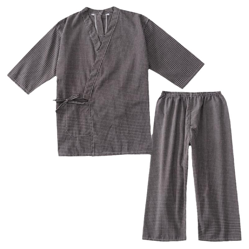 和风 日系和服系带艾灸服女男纯棉前后开扣格子理疗开衫开背按摩