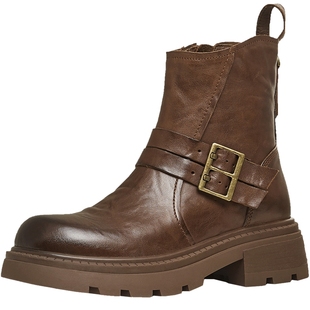 天美意复古厚底加绒西部靴骑士靴女鞋子冬新款休闲时装靴短靴皮靴