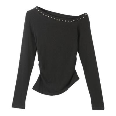 西町村屋斜肩铆钉抽褶收腰T恤女