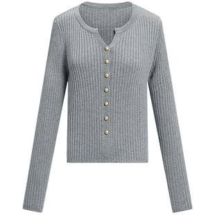 KBNE灰色毛针织衫女V领显瘦2026春季新款重工设计小个子百搭上衣