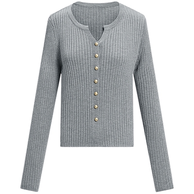 KBNE灰色毛针织衫女V领显瘦2025秋季新款重工设计小个子百搭上衣