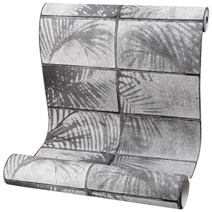 3D立体复古水泥灰色砖块砖纹文化石墙纸棕榈叶壁纸餐厅饭店民宿