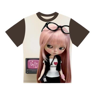 local aliens外星沙龙美式复古大头娃娃印花短袖拼接七分袖t恤