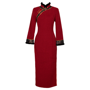 连衣裙秋冬新款改良气质长款妈妈女敬酒服婚宴礼服加厚喜婆婆