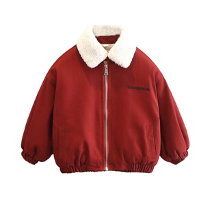 男童冬装加绒加厚外套2025新款洋气宝宝上衣红色羊羔儿童毛领夹克