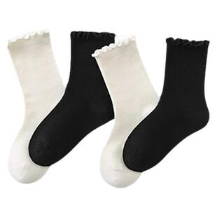 女童袜子秋季款纯棉配小皮鞋公主风儿童花边堆堆袜中筒黑色春秋款