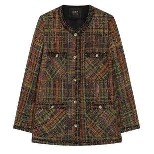 白鹿语小香名媛风色织外套25冬款圆领撞色扣毛须边短外套女