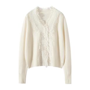 仙气飘飘蕾丝花边V领山羊绒开衫女秋冬长袖针织衫纯色毛衣短外套