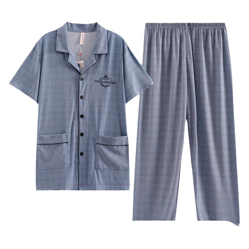 芬腾冰瓷棉夏季翻领短袖长裤可外穿男士澳洲棉睡衣爸爸家居服套装