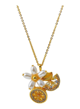 2025新款家柠檬花瓣珍珠项链水钻锆石镶嵌清新高级感锁骨链