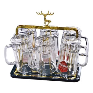 带把钢化玻璃杯子家用扎啤酒杯茶杯喝水6只北欧轻奢麋鹿杯架套装