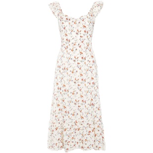 reformation法式碎花豹纹飞袖荷叶边吊带连衣裙子女修身度假长裙