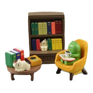 喝喝咖啡看看书青蛙桌面摆件微景观娃娃屋装饰品车载日式迷你可爱