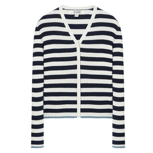 Eland衣恋针织开衫女V领修身条纹薄毛衫上衣甜美风毛衣