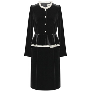 朵以2025冬季新款小香风优雅显贵复古撞色荷叶边假两件丝绒连衣裙