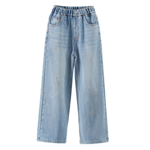 女童镶钻牛仔裤超好看2026新款中大童春秋阔腿裤初中生直筒裤洋气