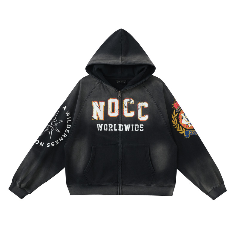 Nocircle复古做旧破坏卫衣学院风拉链连帽外套小众印花长袖上衣