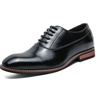 秋季皮鞋男士韩版商务休闲正装尖头软皮木根工作黑色新郎结婚鞋男
