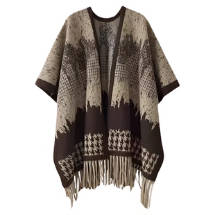 美拉德系格子披肩女外搭韩版百搭秋冬季仿羊绒保暖围巾斗篷厚披风