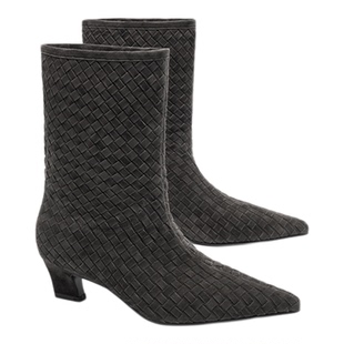 MD女鞋·蔓芊·手工编织鞋2025新款瘦瘦靴女复古尖头中筒靴子袜靴