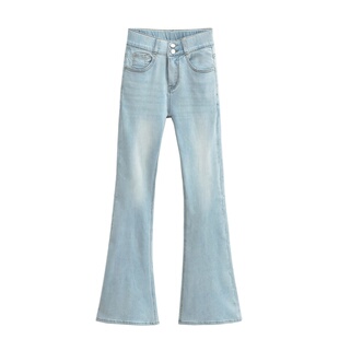 辣妹性感自带丰胯垫掐腰弹力微喇牛仔裤女翘臀双扣高腰喇叭裤长裤