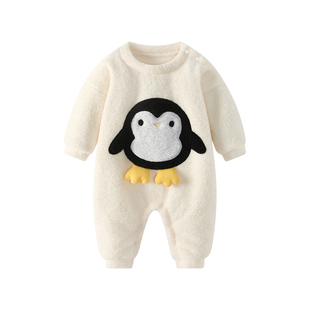 婴儿连体衣秋冬男女宝宝半边绒加厚衣服冬装小月龄家居服保暖睡衣