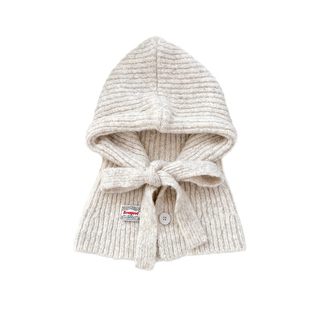 韩版纽扣系带夹花针织法帽女秋冬复古装饰保暖含羊毛围脖帽子一体