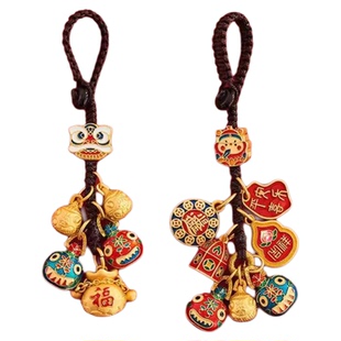 钥匙扣金色财神爷一家三口四口吞金兽挂饰汽车钥匙链挂件