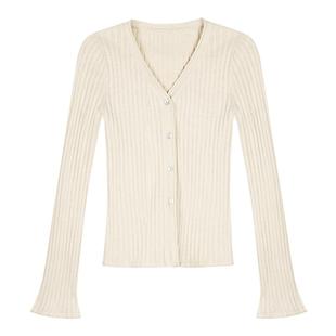pusumede 哥本少女 长袖v领针织开衫女喇叭袖上衣内搭气质打底衫