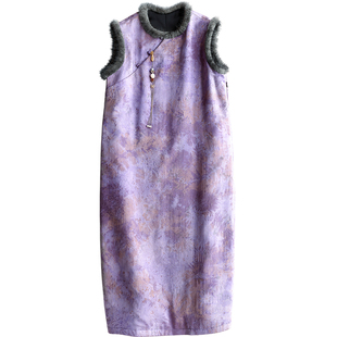 云澍原创花罗香云纱新中式国风水貂毛圆领盘扣加棉马甲连衣裙冬季