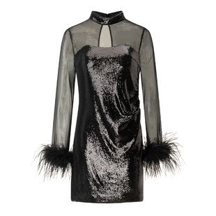 EVAOUXIU静奢亮片网纱镂空拼接收腰褶皱小黑裙收腰长袖生日连衣裙