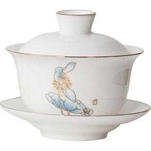 盖碗茶杯单个家用陶瓷高端三才白瓷泡茶碗带盖大号不烫手茶具套装