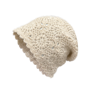 手工钩织大头围针织堆堆帽镂空花朵包头帽秋冬冷帽毛线帽大码大号