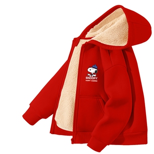 史努比男童红色过年冬装男孩加厚羊羔绒连帽衣服儿童冬季加绒外套