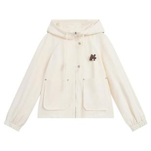 紫涵短款米白连帽抽绳外套女秋季新款文艺感宽松显瘦休闲拉链上衣