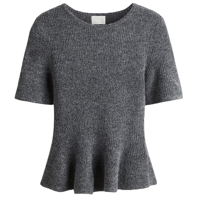 HM女装毛针织衫春季收腰保暖装饰裙摆圆领罗纹针织上衣1295275