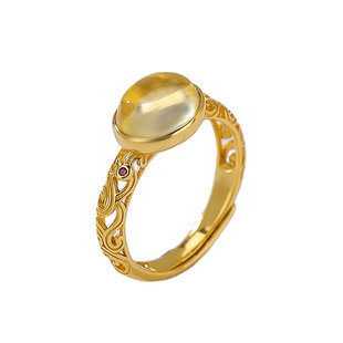 高端旺财天然黄水晶手饰S925纯银镀金蛋面椭圆镂空卷草纹银戒指女