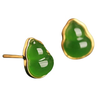 18K金和田玉碧玉葫芦耳钉 女新中式复古纯银绿玉髓福禄高级感礼物